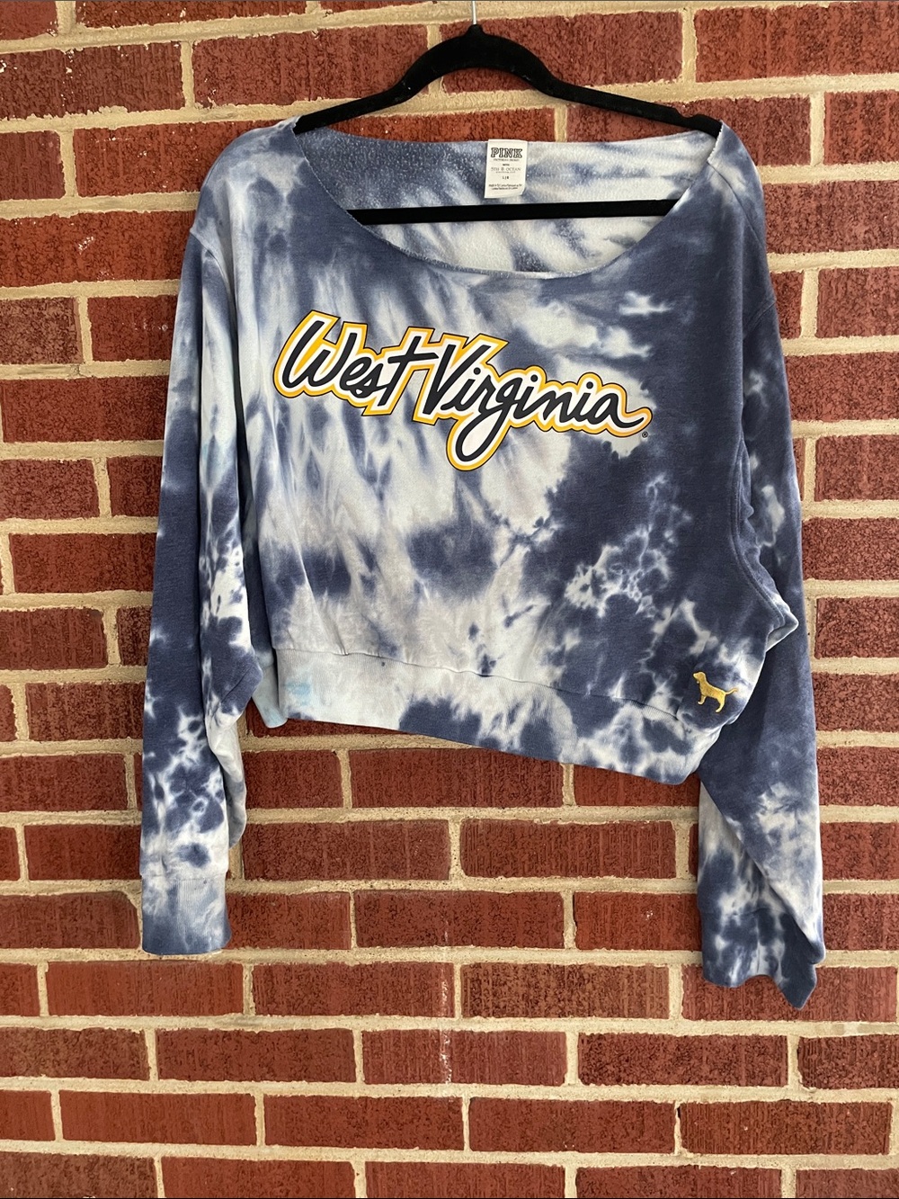 PINK Victoria's Secret Navy and White Tie-Dye West Virginia Cropped Sweatshirt